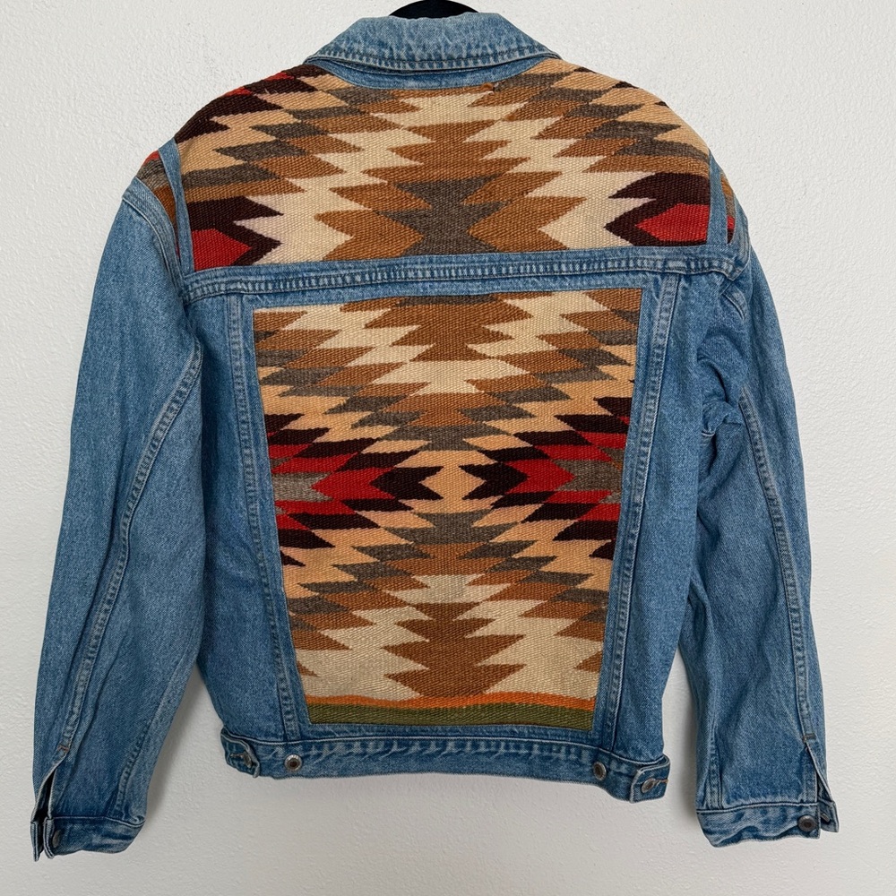 Vintage 90s Denim Jean Trucker Jacket with Western Aztec Tribal Design - Picture 2 of 12